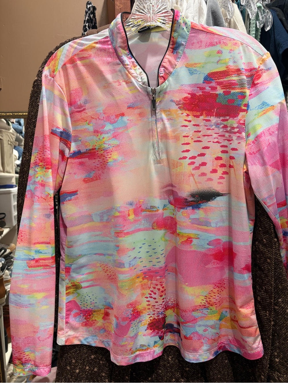 Women's Pink Abstract Zip-Front Long Sleeve Top
